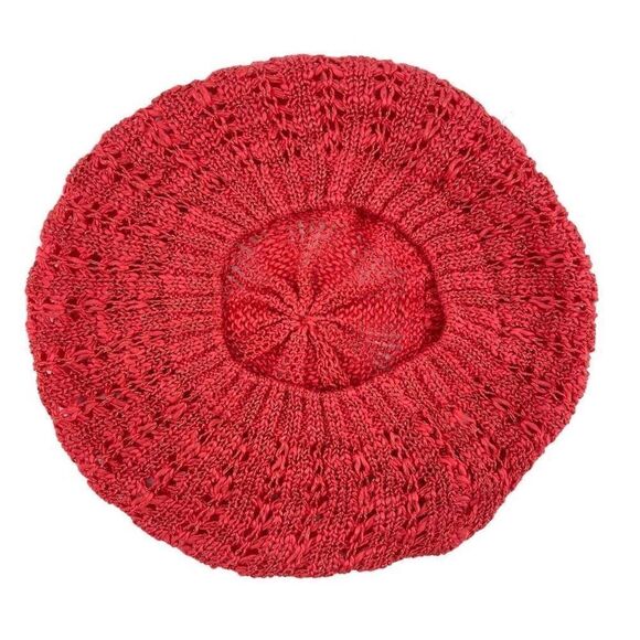 Women’s Red Gold Speckled Open Knit Crochet Ribbed Beanie Beret Hat One Size - Picture 2 of 10